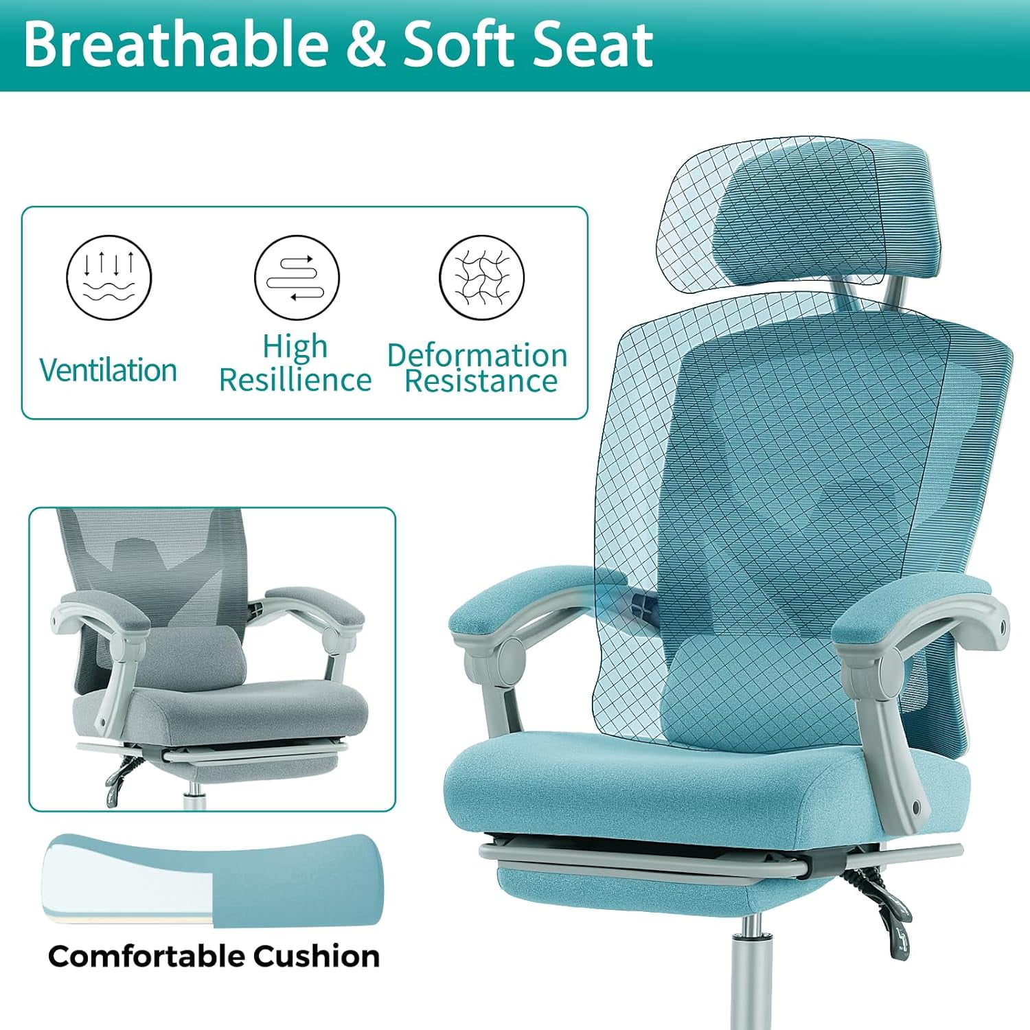 Atilioo Ergonomic Office Desk Chair with Adaptive Lumbar Support, Headrest & Retractable Footrest, Breathable Mesh Rolling Swivel Chair for Back Pain Relief, Blue
