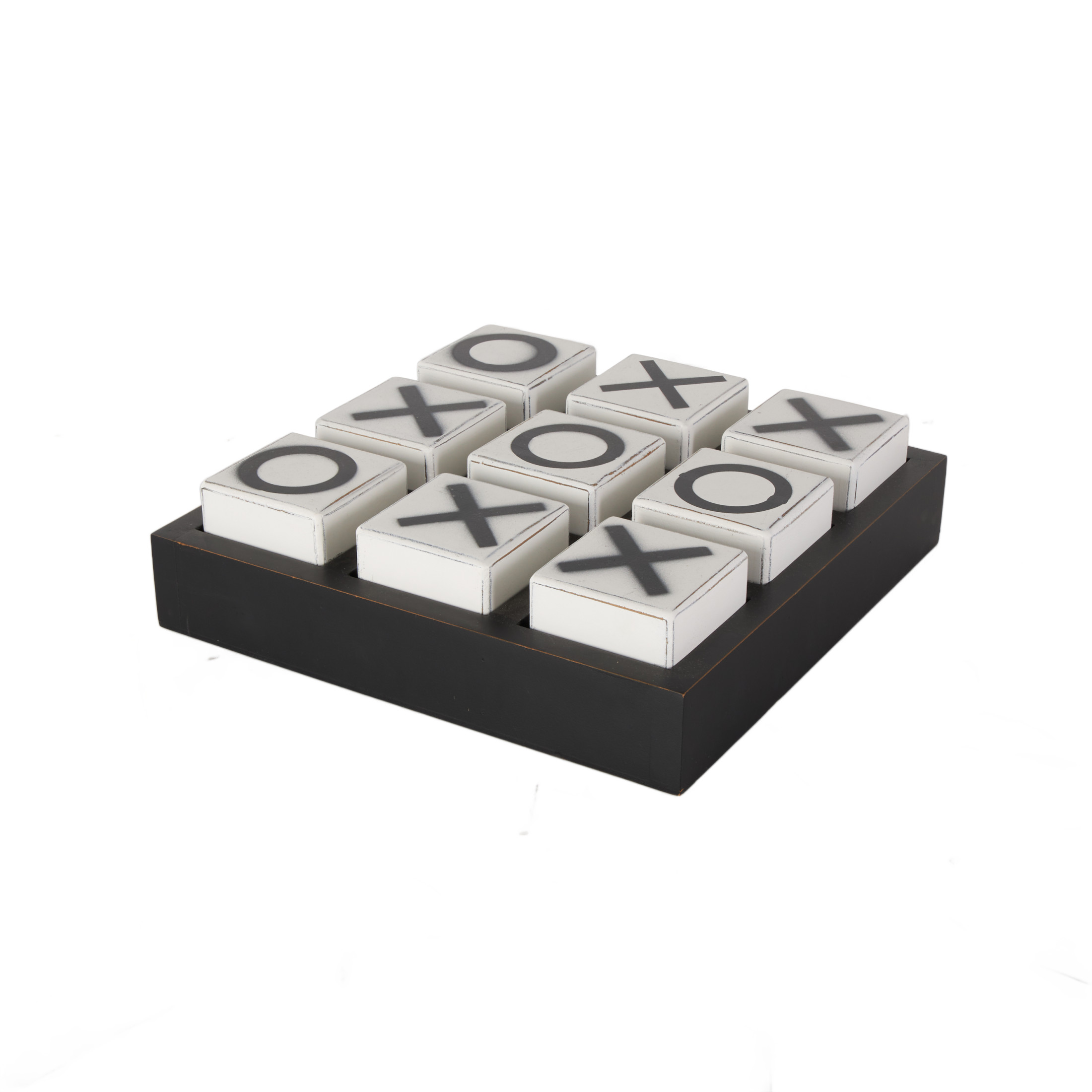 DecMode 14" x 4" Black Wooden Tic Tac Toe Game Set with White Block Pieces, 1-Piece