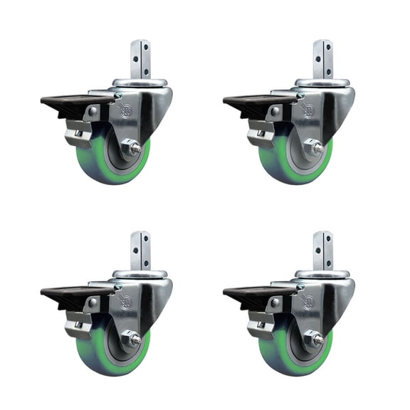 3 Inch Green Poly Wheel Swivel 3/4 Inch Square Stem Caster Set with Brake SCC