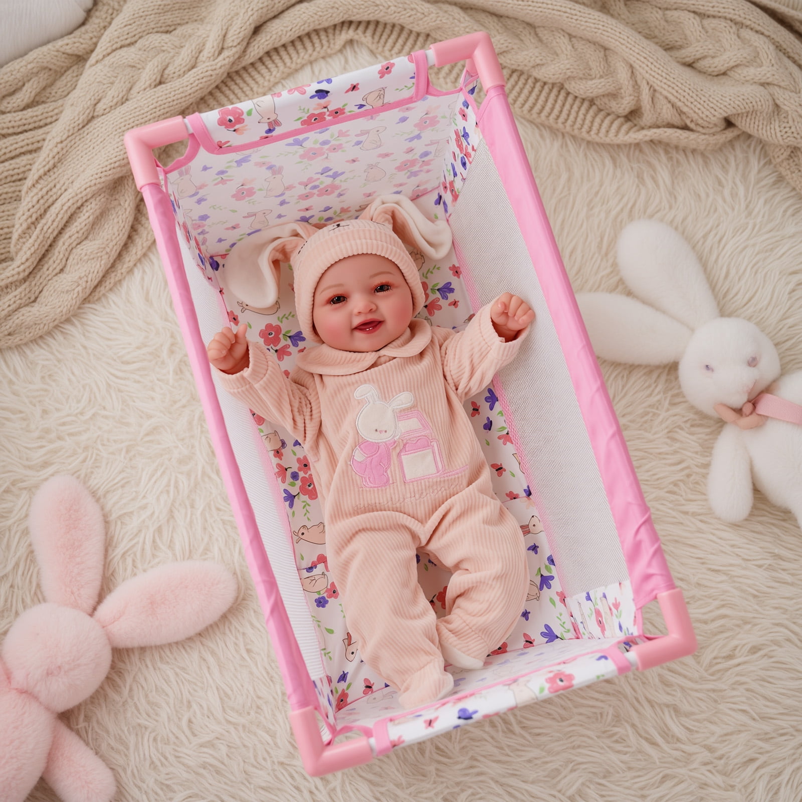RSG Reborn Baby Doll Crib, Pink Floral Foldable Doll Bed for 17-20 Inch Reborn Dolls, Portable Doll Furniture with Storage Bag, Pretend Play Gift for Kids Ages 3+