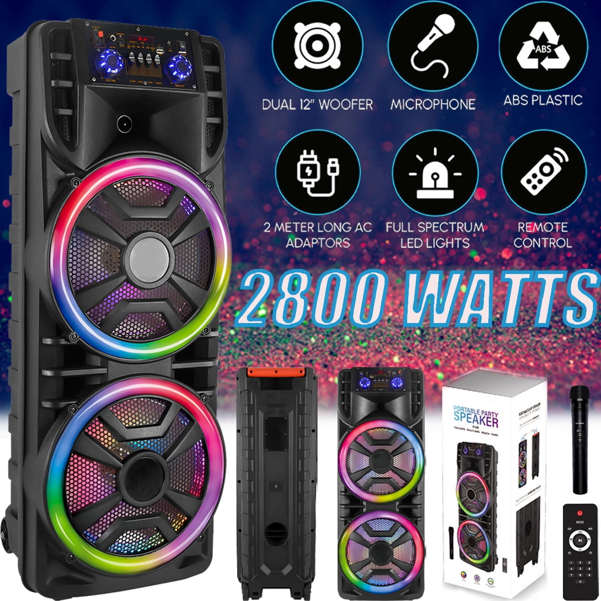 Curuk Wireless Speaker With Wireless Mic, 2800W Portable Bluetooth Speaker Dual 12” Subwoofer Heavy Bass Party DJ PA Sound System FM Mic LED Light