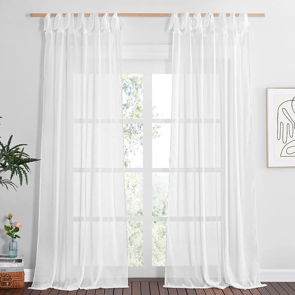 White Linen Sheer Curtains 84 inch Long 2 Panels, Adjustable Tie Top DIY Crafted Flax Semi Sheer Privacy with Light Filtering Vertical Drapes for Bedroom/Living Room, W52 x L84