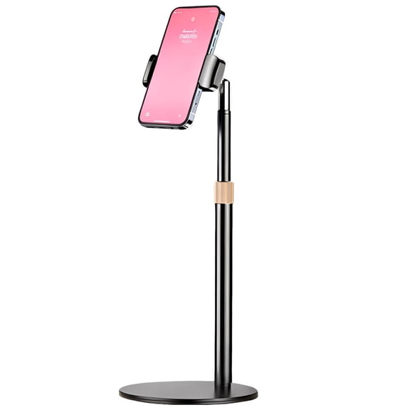 Metal Phone Stand, Adjustable Height Desktop Stand with Weighted Base, Sturdy Thickened Pole, Universal Swivel, Hands-Free, Fits 2-3.5 in Phones, Black