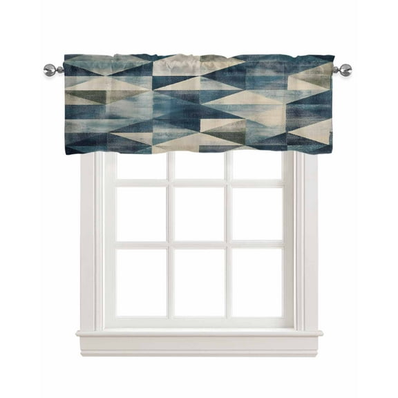 Navy Blue Geometric Kitchen Valances for Windows Farmhouse Linen Window Valance Curtain for Living Room Window Treatment Modern Blue Vintage Valance Rod Pocket Topper Drape, 42 x 18 Inch