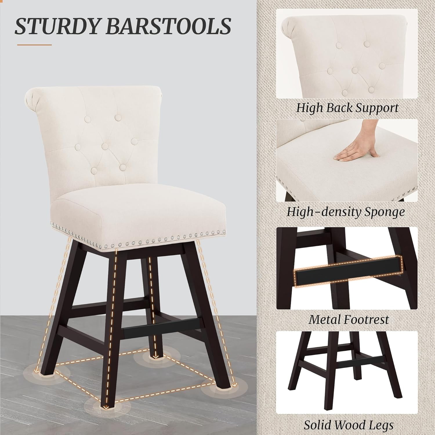 Dycanpo 26'' Swivel Bar Stools Set of 4, Upholstered Barstool with Footrest for Kitchen,Beige-Fabric