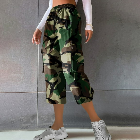 Qulqfy Casual Pants for Women Green Camo Straight Leg High Waisted Solid Capris Trousers for Women L