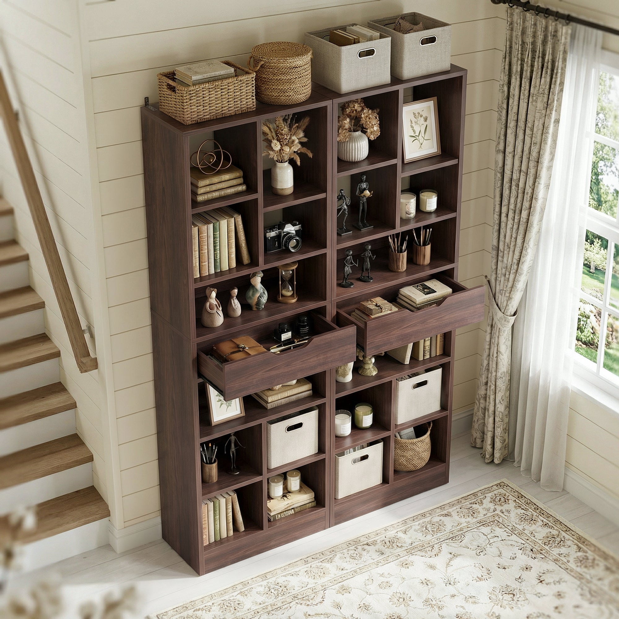 Homieasy 73.6''Tall 10-Cube Bookcase with Drawer and Adjustable Shelves(2-Piece Set), Walnut
