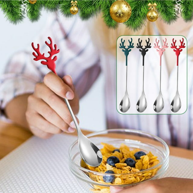 Cuchara de Reno, Cuchara de Postre de Acero Inoxidable, Regalo de Vajilla Navideña, Cuchara para Mezclar Cócteles, Herramienta para Remover Helado, Revestimiento de Titanio de Lujo, 14 Cm de