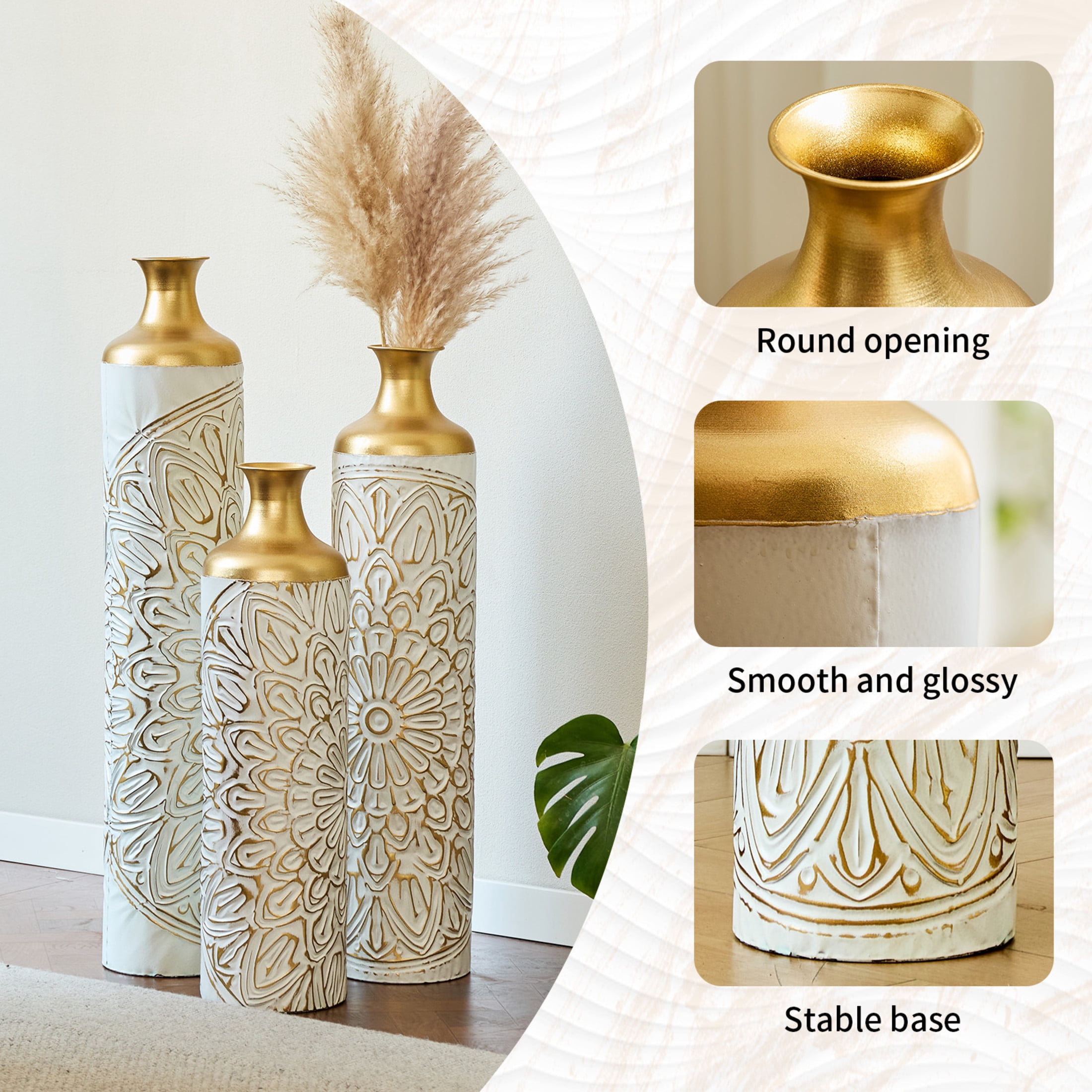 Noble House 3-Piece Modern Metal Floor Vase Set, Textured Decorative Vases, Gold and White