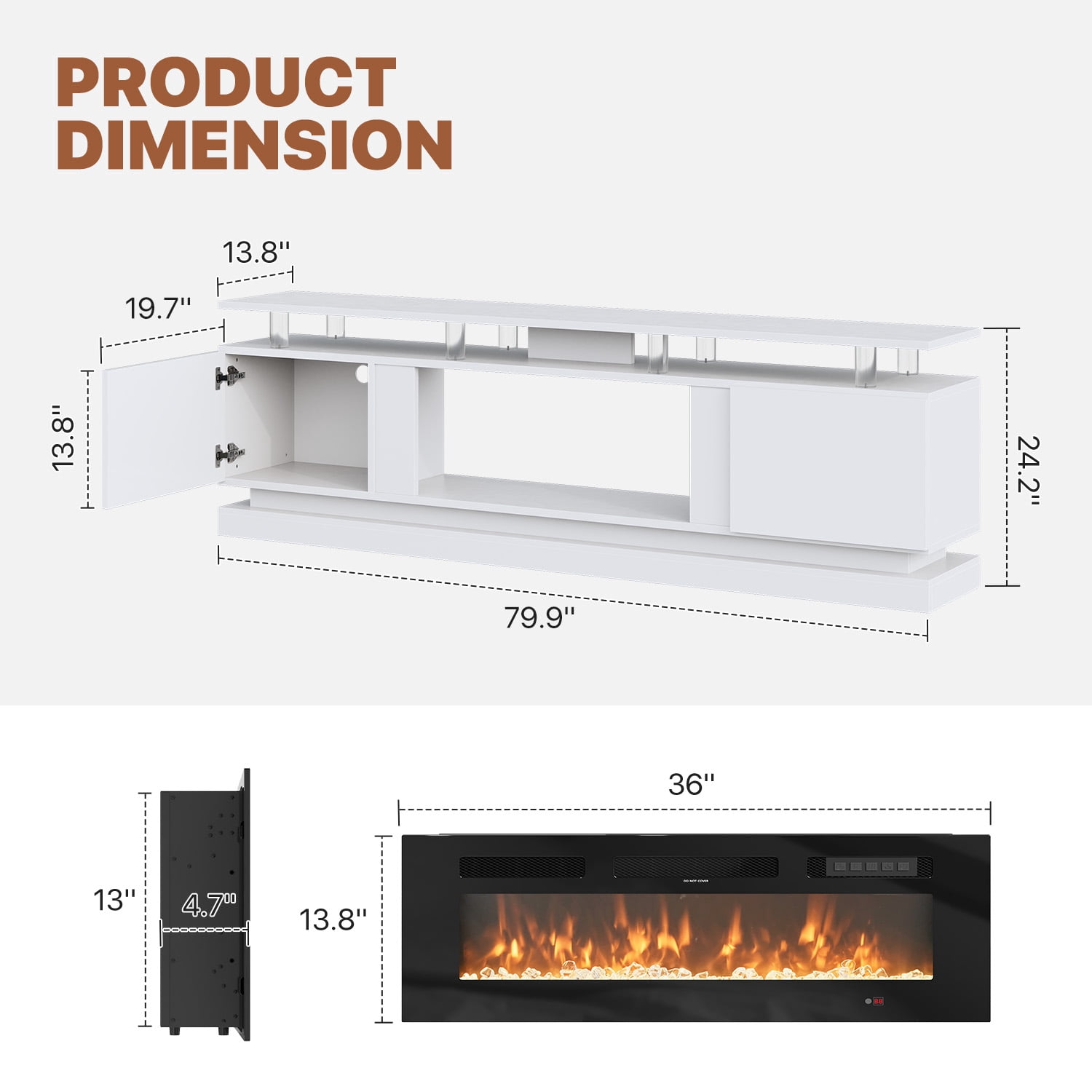 BaPiPro 80" Fireplace TV Stand with Storage, Modern Entertainment Center for TVs Up to 90", White TV Console with 36" Electric Fireplace & LED Lights, White