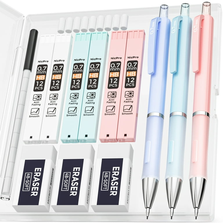 Nicpro 6PCS Pastel Mechanical Pencil Set With Case, 0.5 & 0.7 Mm Cute Pencils With 12 Tubes HB Lead Refills, 3 Erasers, Eraser Refills For School Supplies Student Writing, Drafting