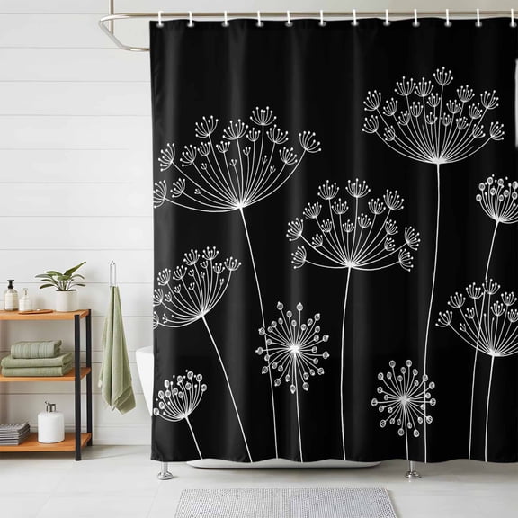 Shower Curtain White Dandelion Shower Curtains for Bathroom Decor, Waterproof Polyester Shower Curtain Set with Hooks, Small Stall Size 36" x 72" Black