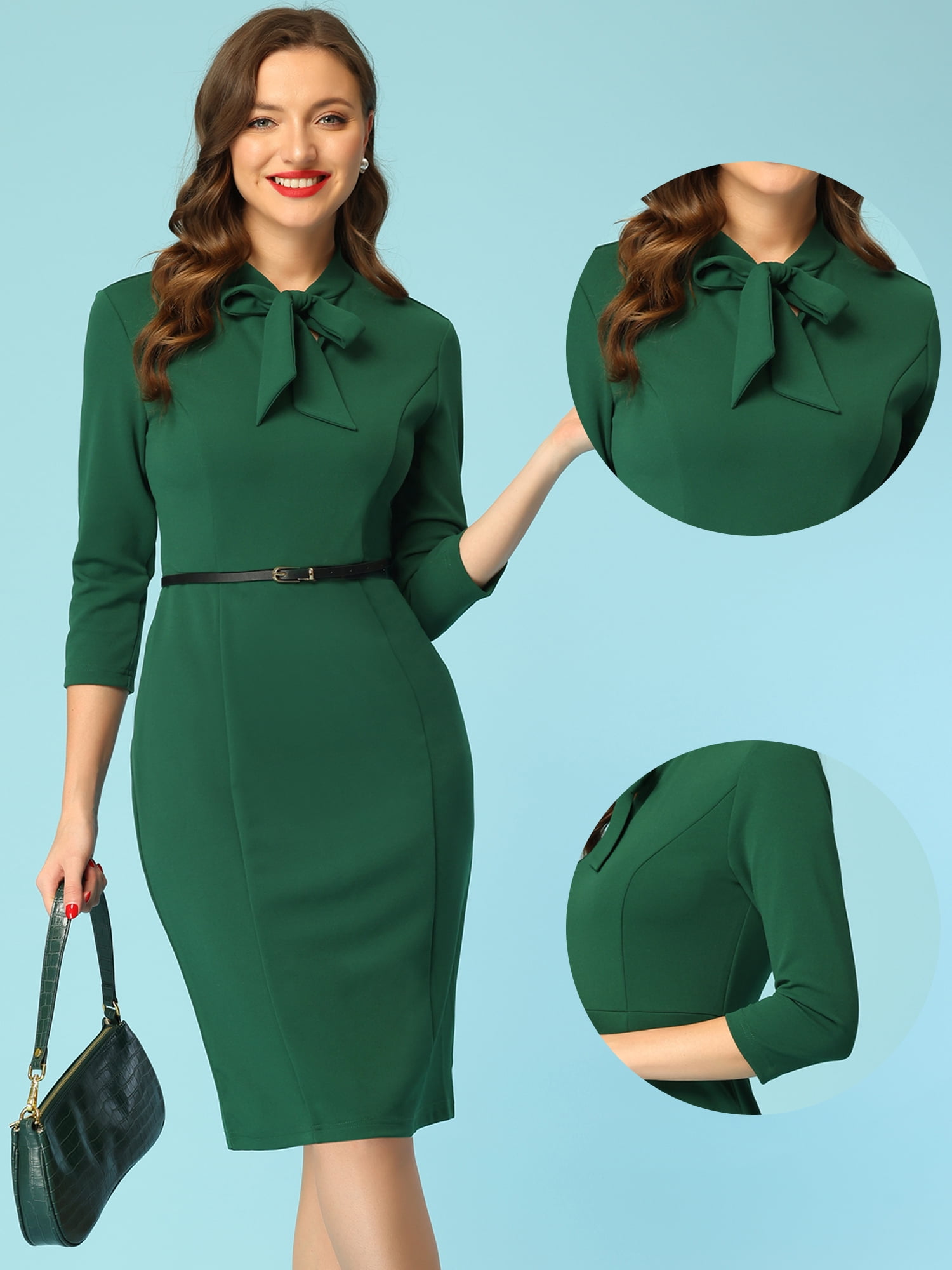 Unique Bargains Women's 3/4 Sleeve Knee Length Midi Work Bodycon Dress XL Dark Green
