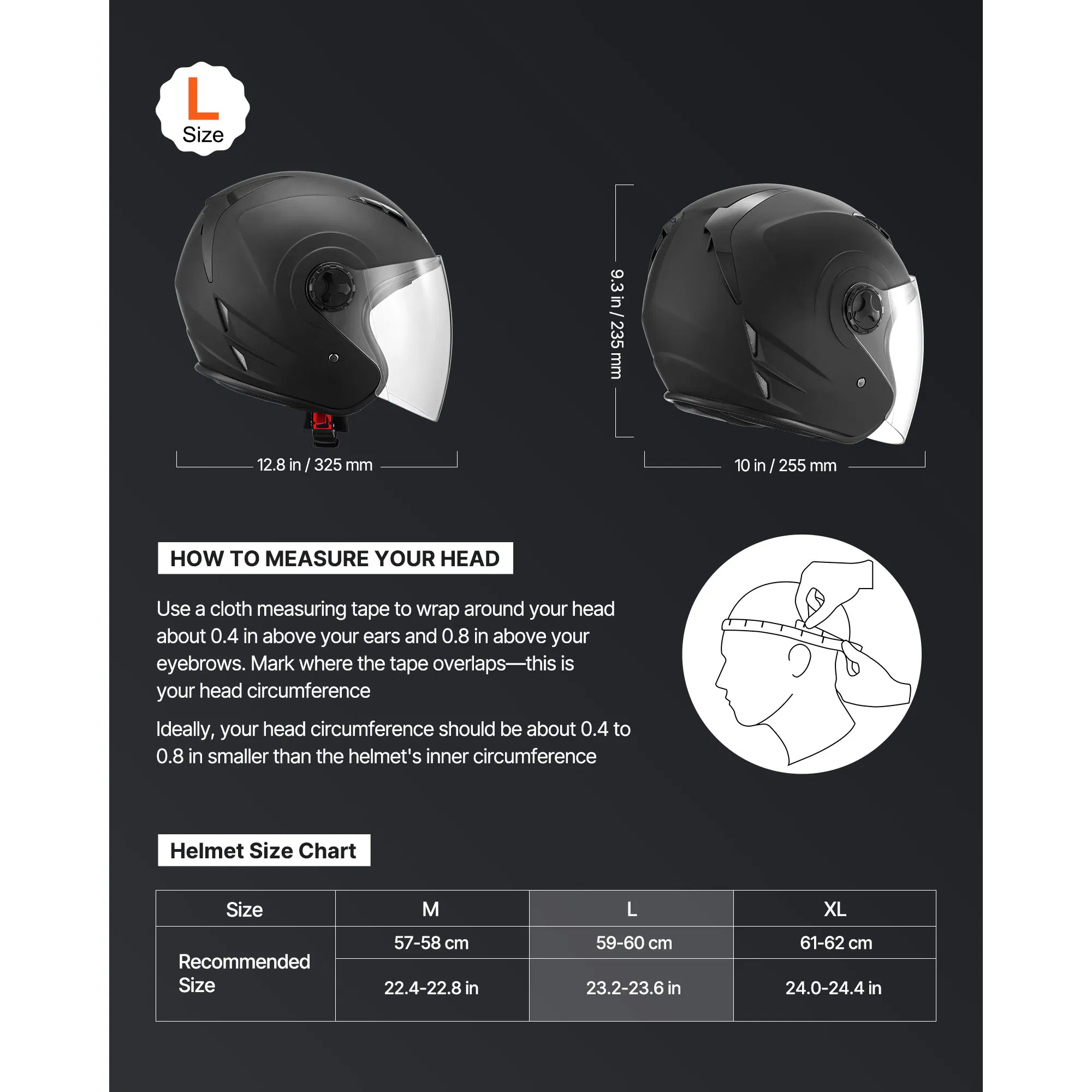 Adult 3/4 Open Face Motorcycle Helmet for Motocross and Dirt Bike,Comfortable Racing Helmet with Clear Visor and Detachable Liner,DOT Approved,Matte Black,Large