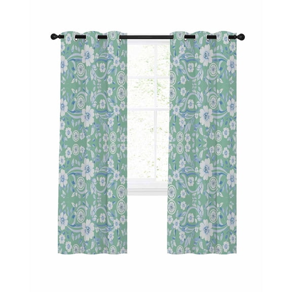 Light Green Blue Floral Blackout Curtains 45 Inches Long for Bedroom, Vintage Pastoral Botanical Thermal Insulated Room Darkening Black Out Window Curtain Panels Grommet Drapes for Living Room