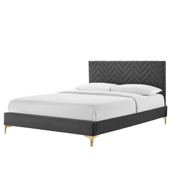 Platform Bed Frame, Tufted, Full Size, Dark Grey Gray, Velvet, Mid Century Bedroom, Modern Contemporary Boutique HB35585