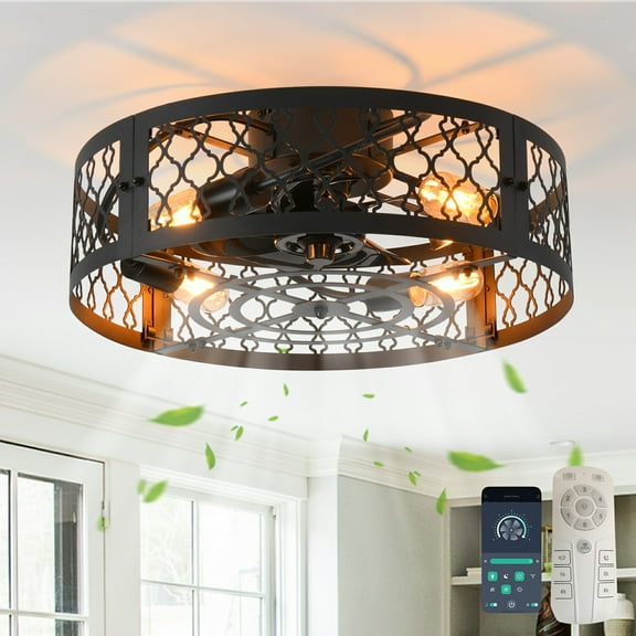 Garwarm 19.6'' Caged Ceiling Fan with Lights, Black Industrial Bladeless Ceiling Fans with Remote, Flush Mount Low Profile Ceiling Fan Fixtures for Home Office,Kitchen, Bedroom,Assembly Require
