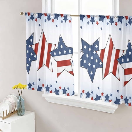 4th of July Semi Sheer Curtains 54 Inch Length 2 Panels Set American Star Blue Ombre Independence Day Sheer Kitchen Curtain Privacy Voile Window Curtain for Living Room Bedroom Rod Pocket Drapes