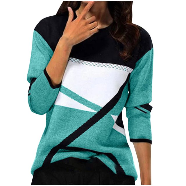 FAIWAD Women's Color Block Geometric Patchwork Print Tops Long Sleeve Round Neck Spring Summer Tops