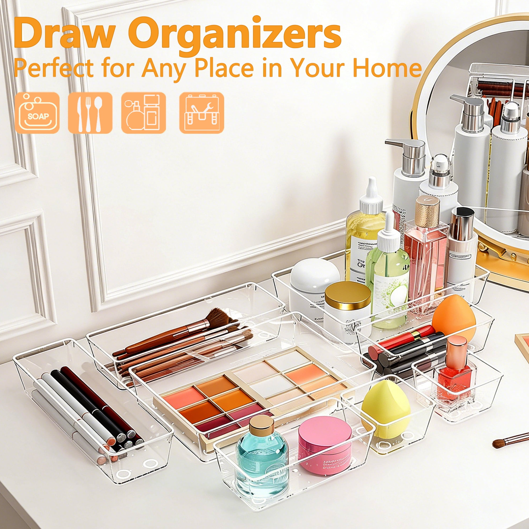 Asnews 25 Pcs Clear Plastic Drawer Organizer Set, 4 Sizes Desk Drawer Divider Organizers and Storage Bins for Makeup, Jewelry, Bedroom, Bathroom, Office