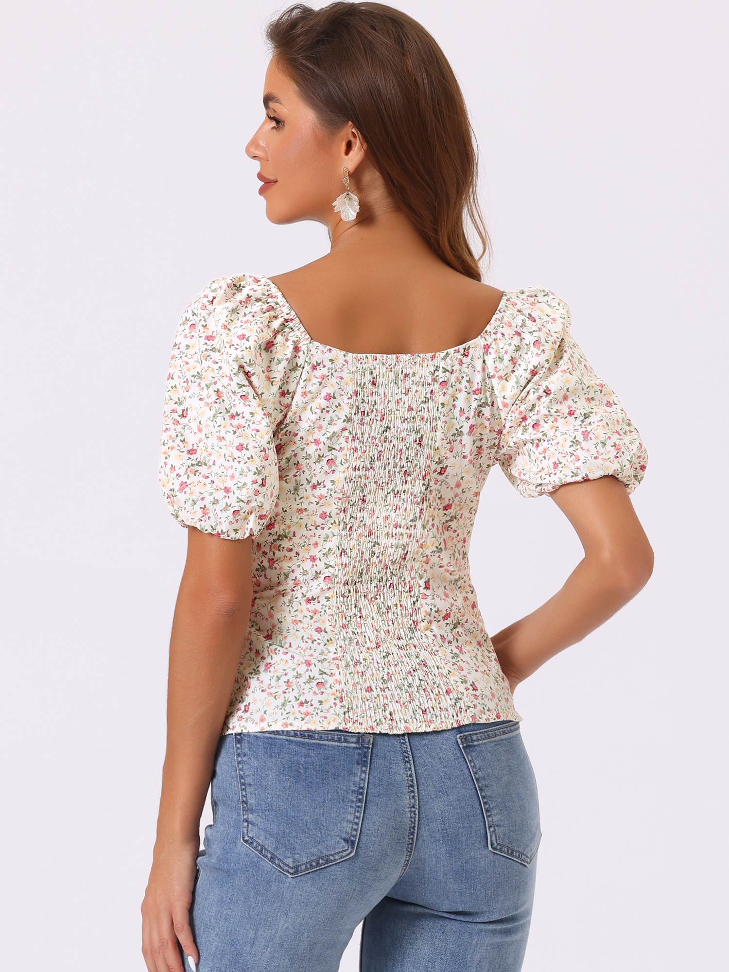 DARING DIVA Puff Sleeve Sweetheart Neck Smocked Floral Top S White Yellow