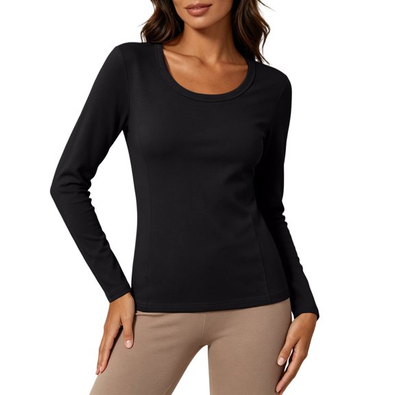 EDHITNR Women Long Sleeve T-Shirts Basic Crew Neck Slim Fit Stretchy Athletic Yoga Top Casual Workout Running Tee Black XXL