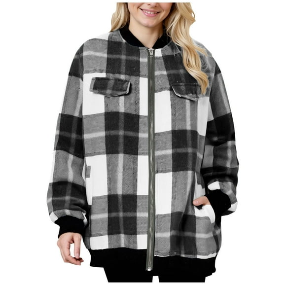Inleife Women's Checkered Striped Fabric Medium Coats Long Sleeved Pocket Zipper Jacket