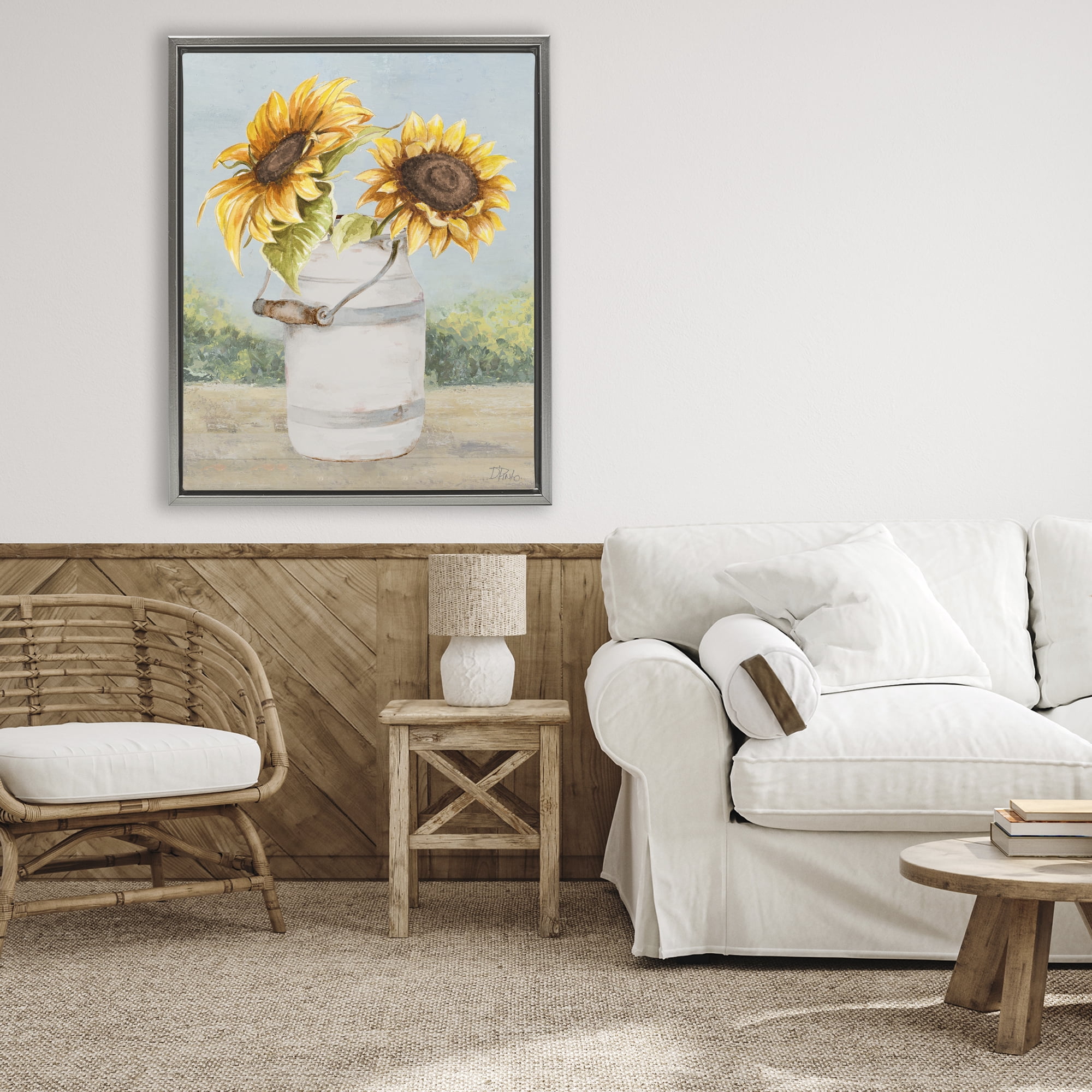 Stupell Industries Sunflower Pitcher in Country Gray Framed Floater Canvas Wall Art, design by Patricia Pinto