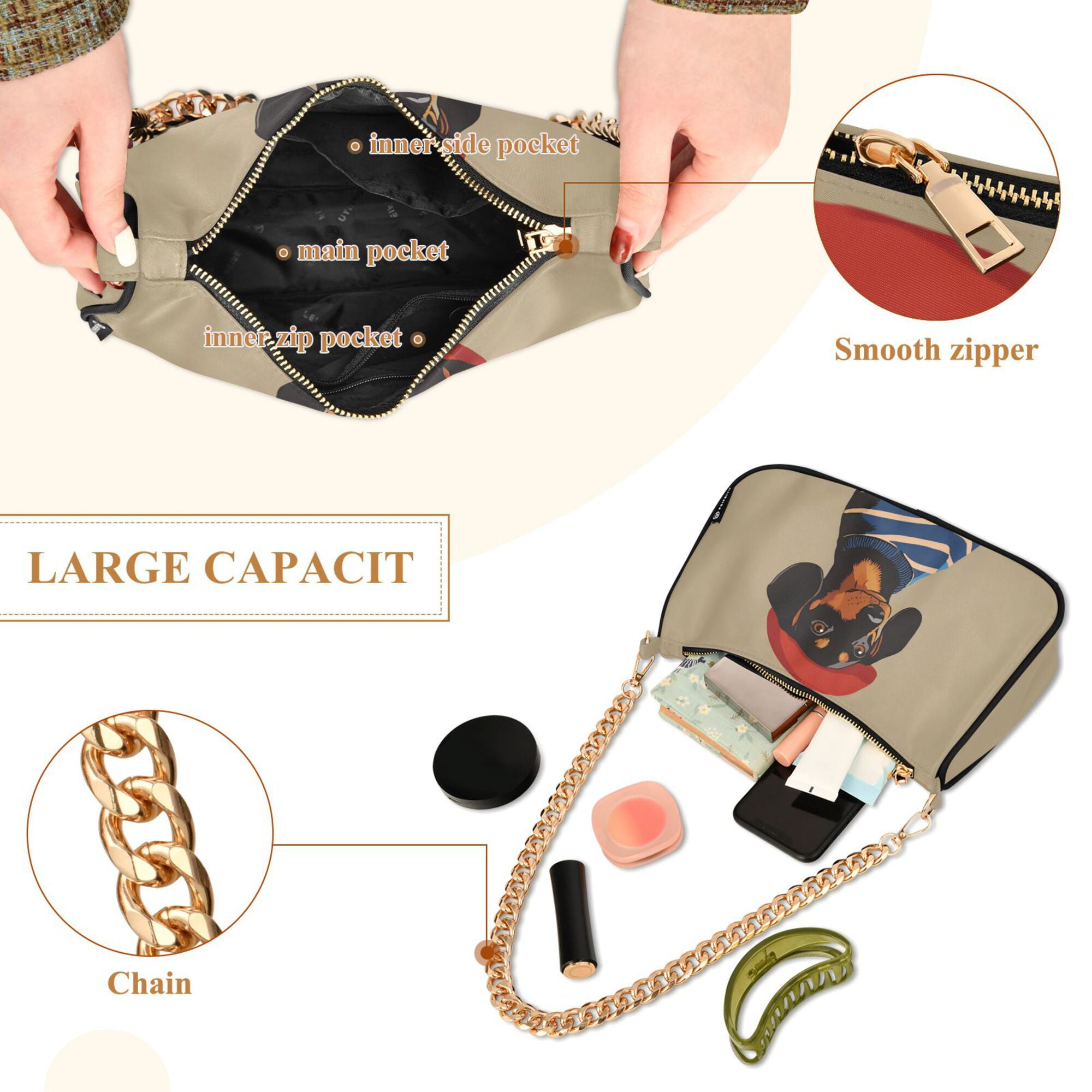 FORMRS Womens Shoulder Bag with Chain Strap Clutch Purse Cute Tote Handbag, Dog Artist
