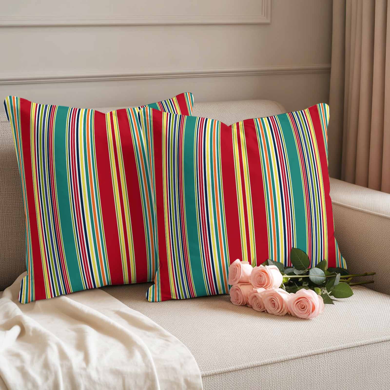 Outdoor Waterproof Throw Pillow Covers Set of 2 Red Striped Decorative Pillowcases Square Outdoor Pillows Cushion Case 16x16 Inch Geometric Green Yellow Stripes Patio Pillows for Couch Sofa Bed