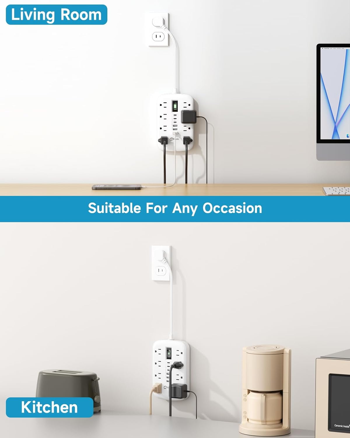 Short Extension Cord 1 ft - 2 Prong 1700J Appliance Surge Protetor with 15A 8 Outlets 6 USB (5V/4.8A 24W) Charging Ports, Multi Plug Wall Outlet Extender for Home Office Dorm Roomc, White