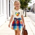 thumbnail image 6 of SGFCWSX Girls 2 Piece Outfits Ruffle Short Sleeve Heart Print Tops Belted Plaid Skirt Summer Casual Clothes Set Beige Size 4T, 6 of 8