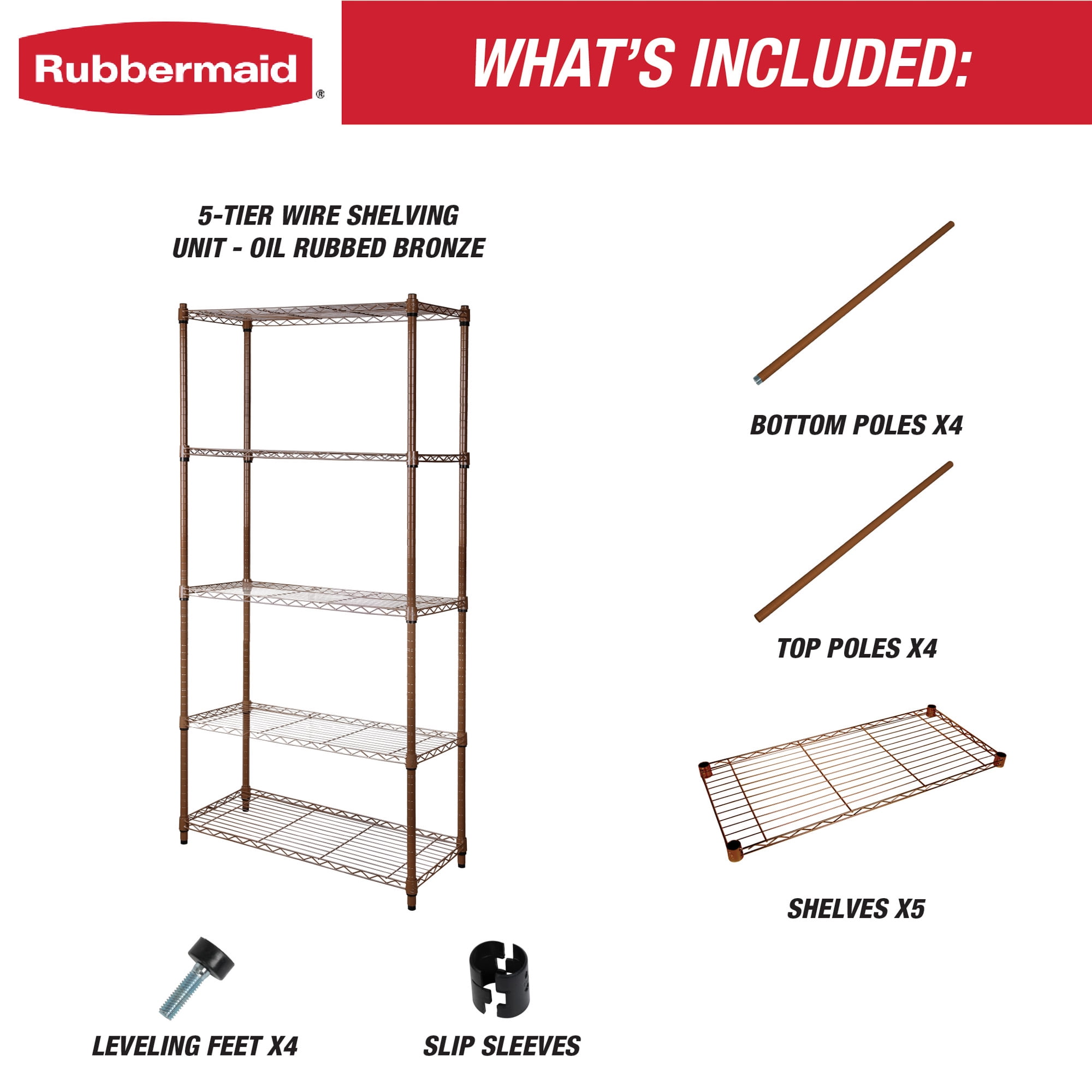 Rubbermaid 5-Tier Heavy Duty Rubbed Bronze Wire Shelving Unit, 1250lb Capacity