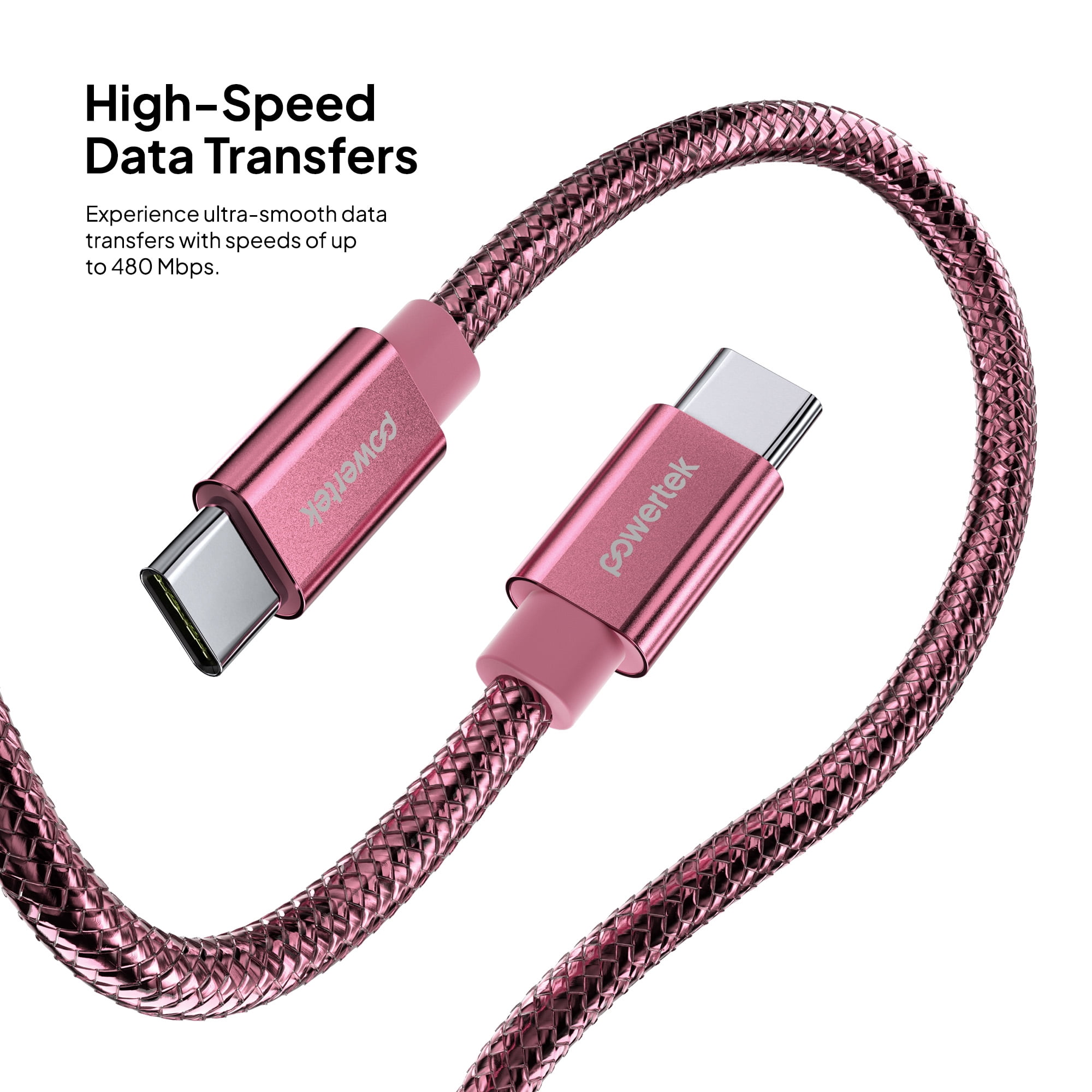 Powertek Luxe 6ft USB-C to USB-C Cable, Pink, Fast Charge & Sync, Metallic Mesh PVC Jacket, Durable Tangle-Free Design