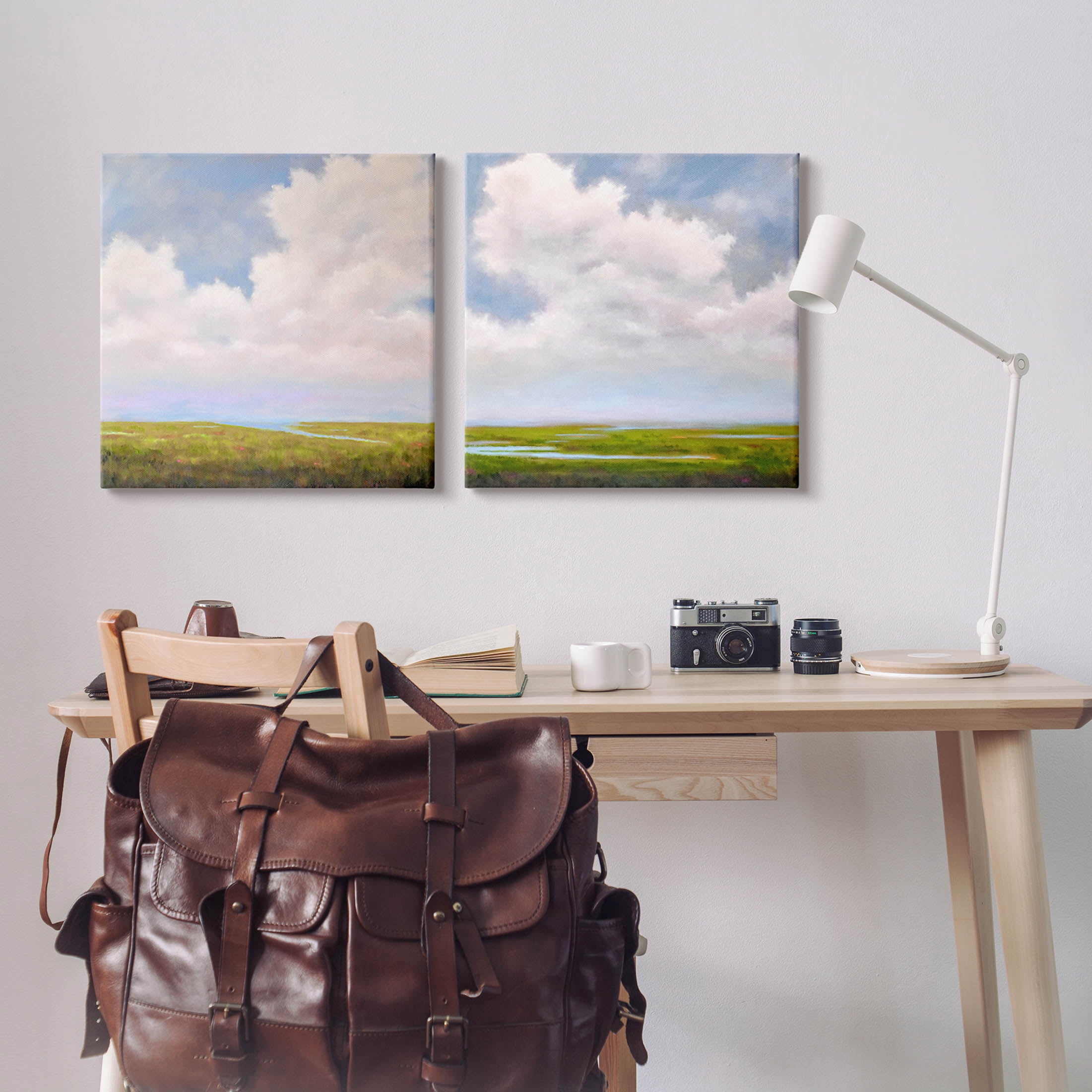 Stupell Industries Panoramic Clouds Over Bay Painting Gallery Wrapped Canvas Print Wall Art, Set of 2, Design by Catherine Andersen