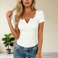 thumbnail image 2 of Miluxas Lace Trim Short Sleeve Tee Shirts for Women Trendy Button V Neck Slim Fitted Ruched Tops Solid Basic Going Out T Shirts White, 2 of 5
