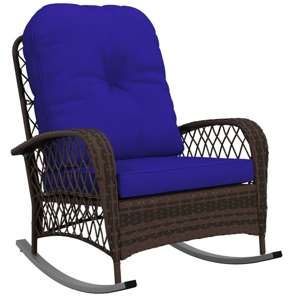 Outsunny Chaise à Bascule en Rotin avec Coussin Souple pour Jardin Arrière-Cour Bleu