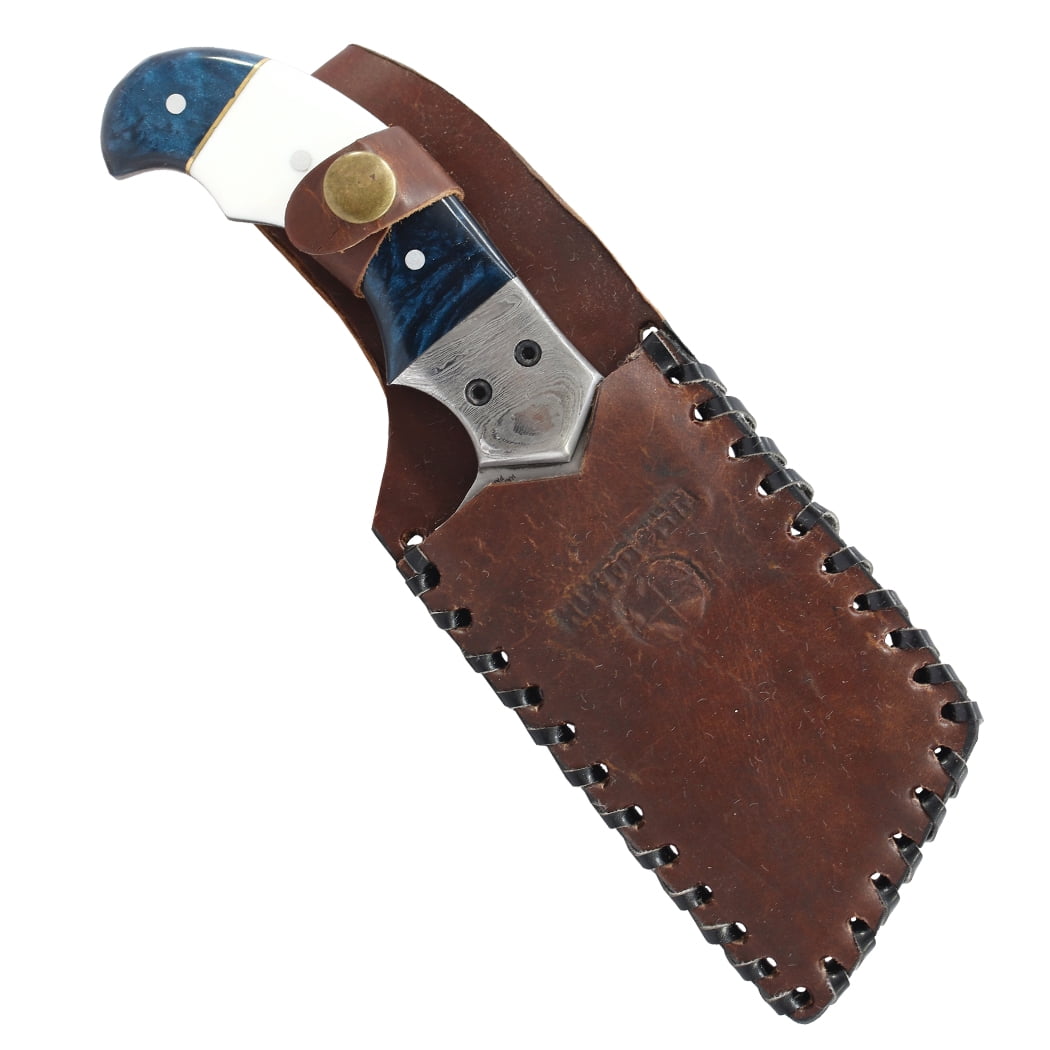 Hunt-Down 9" Blue & White Resin Handle Damascus Bolster Hunting Knife with Leather Sheath