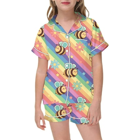 BJUTIR Girls Pajamas Set Fashion Festival Printed Button Down Lapel Short Sleeved Top Shorts Pajama Set Breathable Spring Summer Loungewear Size 8-9 Years
