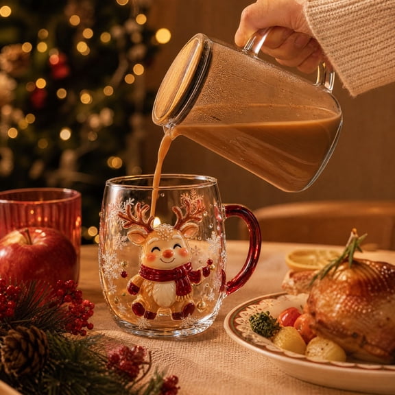 Christmas Themed Glass Mug with Handle, Christmas Motif Glass Coffee Cup, Santa Reindeer Christmas Tree Snowman Embossed Holiday Drinking Glass, Thickened Clear Glass Festive Winter Beverage Mug
