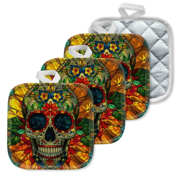 4 Pack Pot Holders,Kitchen Essential, Potholder Set,Colorful Sugar Skull In A Stained Glass Style