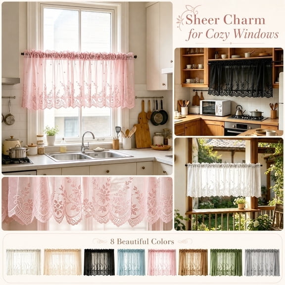 Boho Lace Small Window Curtain Valance Embroidered Solid Color Farmhouse Light Filtering Small Window Tier for Kitchen Living Room,1 Piece, 100X45cm