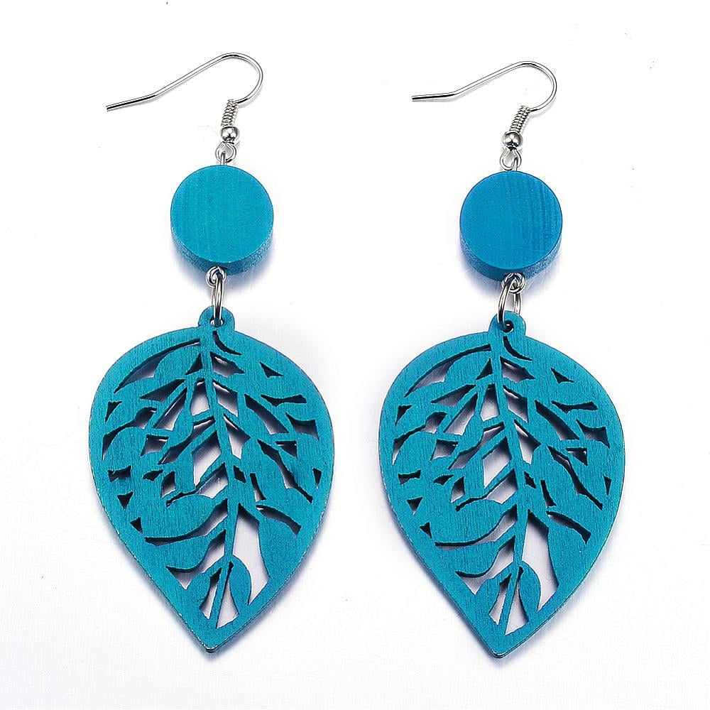 Trendy Leaf Wood Dangle Earrings with Platinum Tone Alloy Earring Hooks Mixed Color 89~92x34~36mm pin: 0.8mm diy