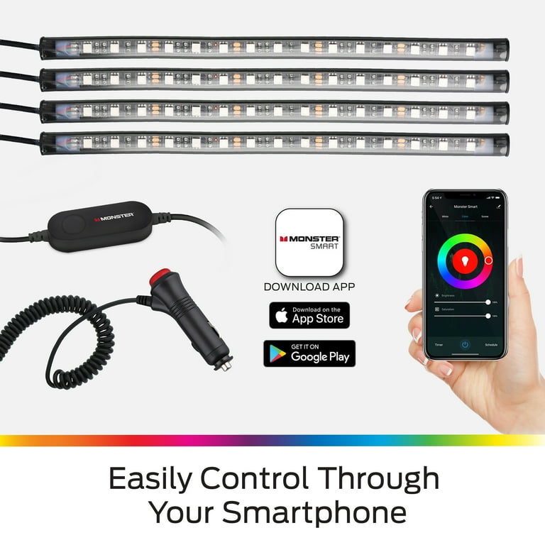 Monster LED Bluetooth Sound-Reactive Multi-Color Car Interior Lights, 4-Pack of 10.5" Strips