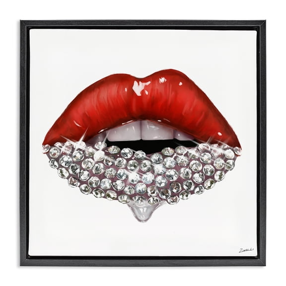 Stupell Industries Glam Red Glam Lips with Gemstones Black Floating Frame Canvas Art, 18 x 18, by Ziwei Li