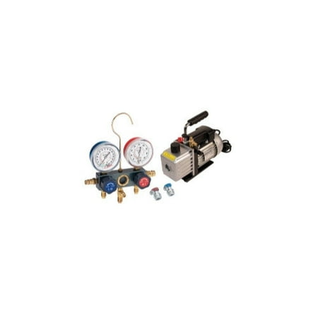 FJC Vacuum Pump and Aluminum Block Manifold Gauge Set with Manual Couplers