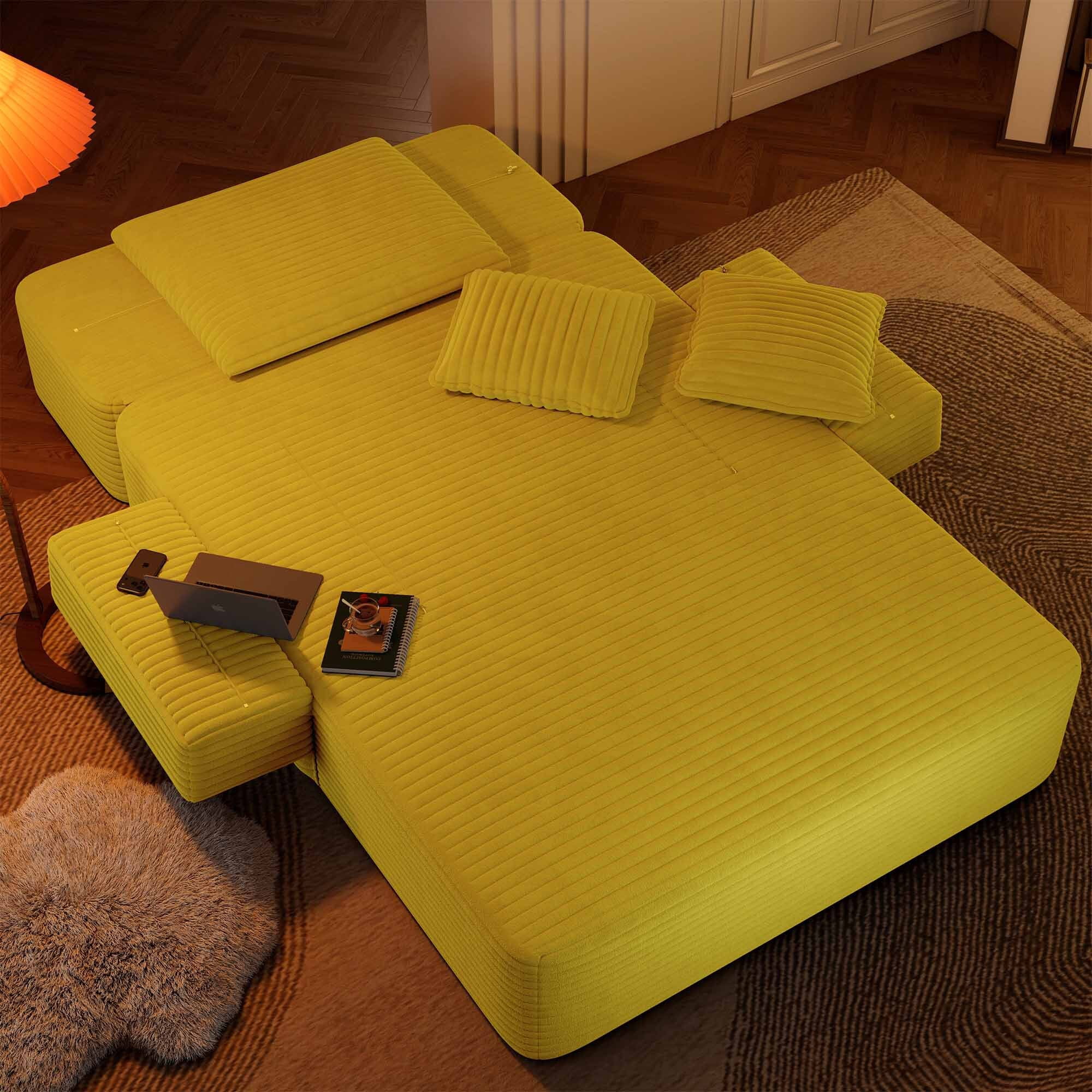 Lunale Boneless Chaise Lounge Chair Indoor, Oversized Convertible Sofa Bed, Cloud Corduroy Sofa Chair for Living Room, Yellow