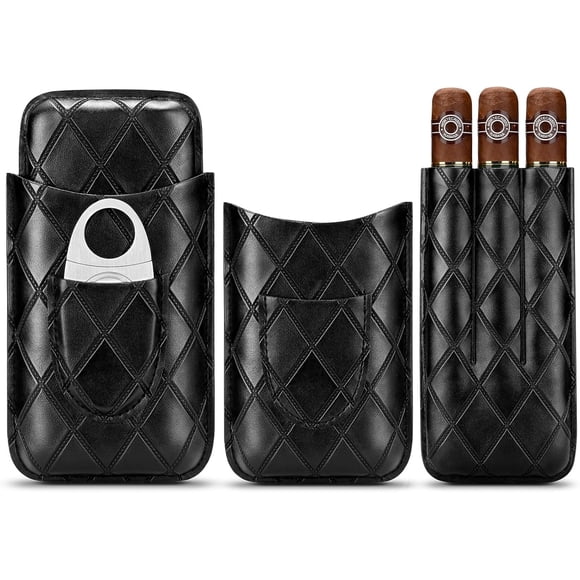 CIGARLOONG Leather Cigar Case,Hold 3 Count Portable Holder,Travel Humidor with Cigar Cutter (Black)