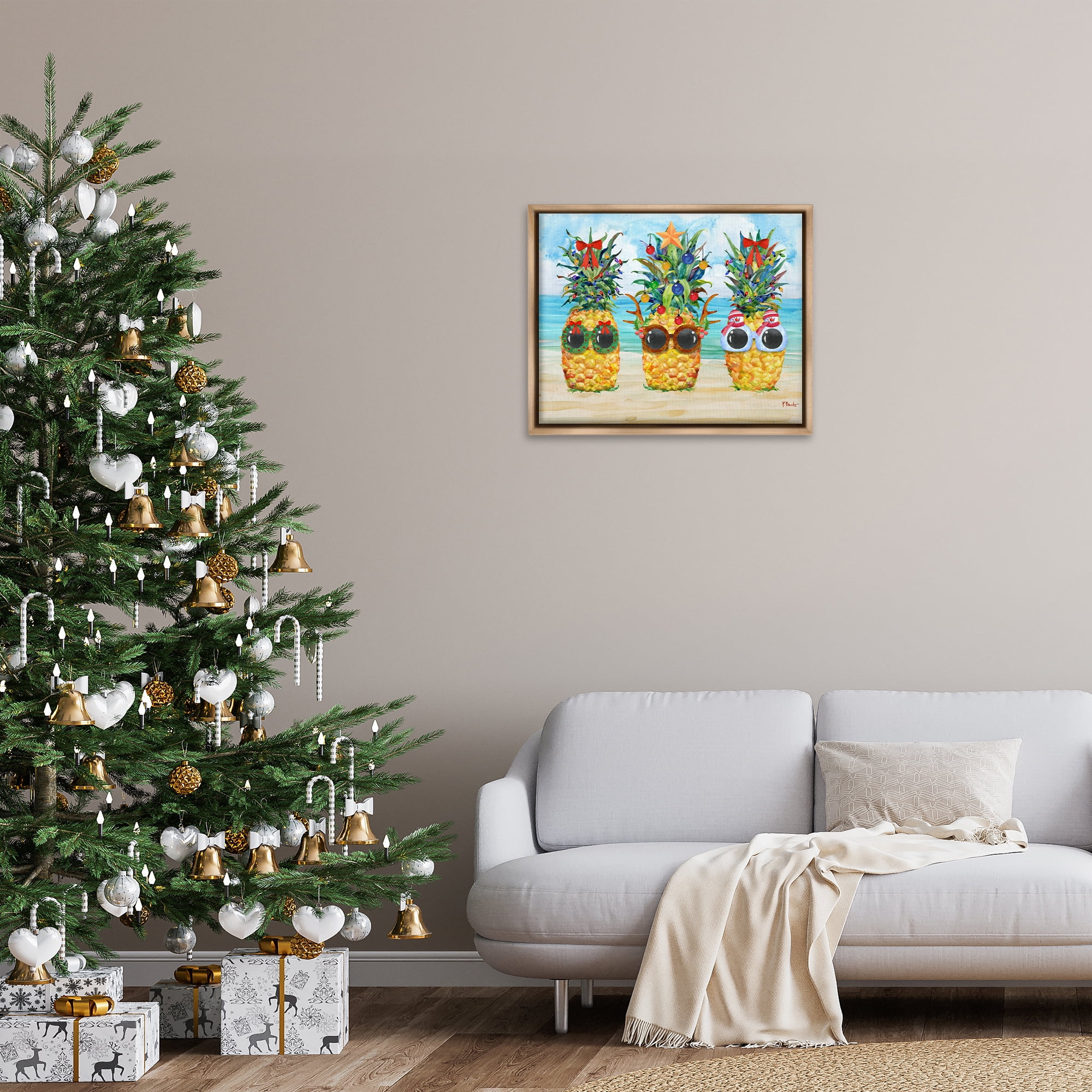 Stupell Industries Christmas Cool Pineapples Holiday Painting Brown Floater Framed Art Print Wall Art, 31 x 25