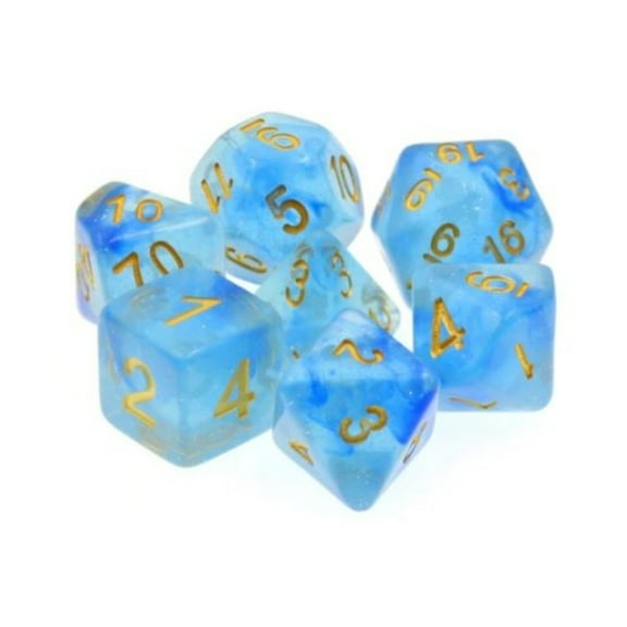 Foam Brain Games Poly Set -Translucent Blue Glitter w/Gold (7) New